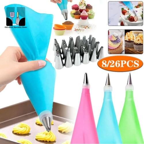 26Pcs/Set Silicone Pastry Bag Tips Kitchen DIY Cake Icing Piping Cream Cake Decorating Tools Reusable Pastry Bags+24 Nozzle Set