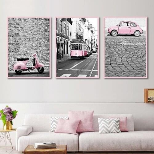 Nordic Pink Black and White Color Pink Car Train Canvas Painting Landscape Art Wall Pictures for Living Room Home Decoration