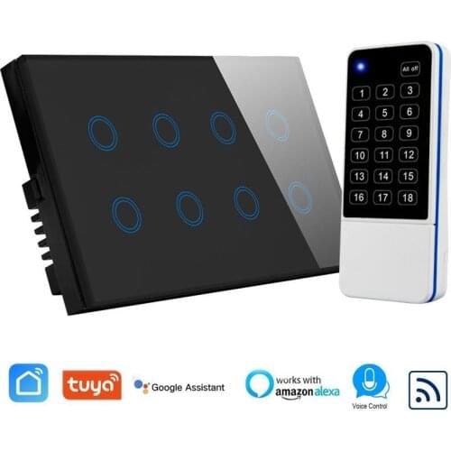 146 type EU UK Standard Black Crystal Glass 8 Gang Smart WIFI Switch support RF Remote Control 110-240V compatible Alexa Google