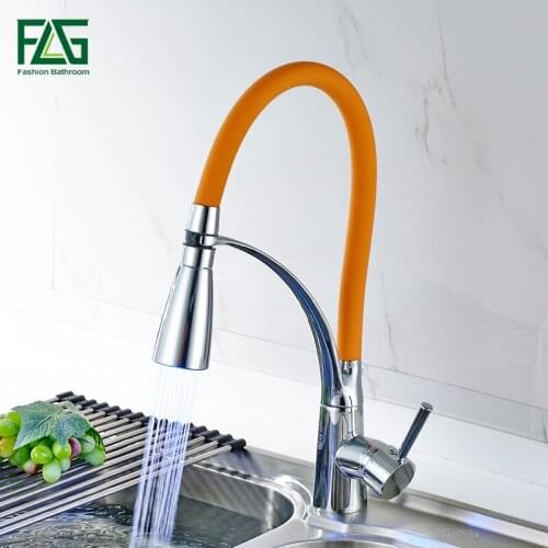 FLG Kitchen Faucets with Rubber Design Orange Mixer Faucet for Kitchen LED Single Handle Pull Down Deck Mounted Crane for Sinks