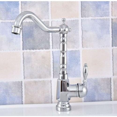 Polished Chrome Brass Kitchen Faucets Single Handle Hole 360 Swivel Spout Bathroom Faucet Cold Hot Water Taps Lsf643
