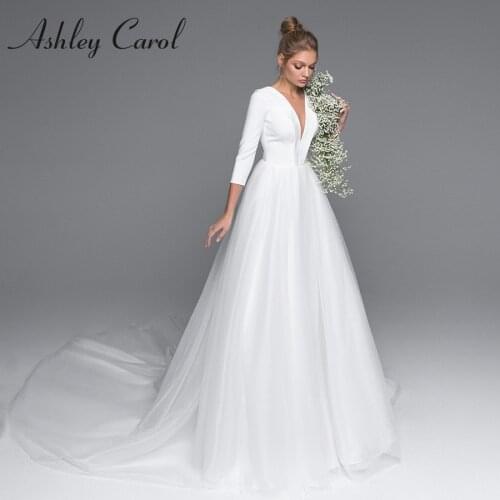 Ashley Carol Long Sleeve Wedding Dress 2021 Elegant Satin Backless V-neckline Button Bride Dresses A-Line Princess Vestido Noiva