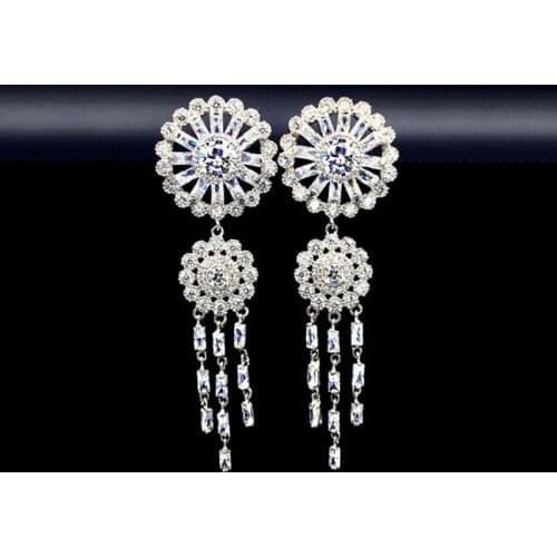 Sparkling Flowers Shape Long Earrings For Women White Gold Color Jewelry Filled Pave AAA Cubic Zirconia Brincos LD083013