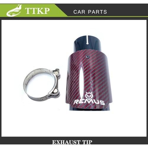 1PC Universal Car Glossy Red Carbon Fiber Tail End Black Stainless Steel Muffler Pipe Exhaust Tip With Remus Logo