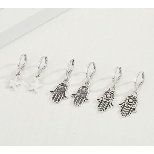 Vintage Hollow Fatima Hand Star Hoop Earrings For Women Gifts Jewelry Punk Simple Metal Geometric Mini Circle Pendant Earrings