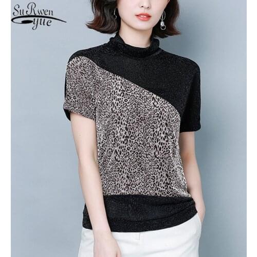 Spring New Womens Fashion Style European Leopard Print Spliced Shirt High Collar Bat Sleeve Bright Silk Bottoming Shirt 12852