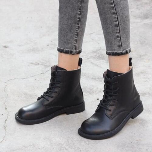 IMTER 2020 Women Snow Boots Winter Flat Heels 100% Genuine Leather Lace up Ankle Boots Women Warm Shoes Thick Fur Booties