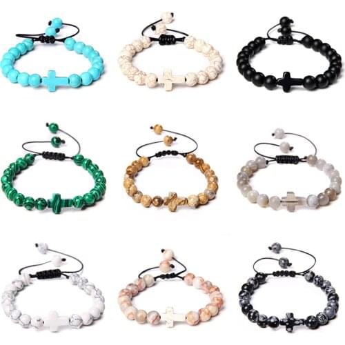 Trendy Natural Stone Jesus Cross Pendant Bracelet 8mm Turquoises Beads Religious Meditation Bracelet Women Men Prayer Jewelry