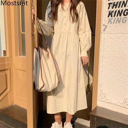 Korean Solid A-line Dress Women Full Sleeve O-neck Long Dresses Elegant Loose Fashion Vestidos Femme 2021 Autumn