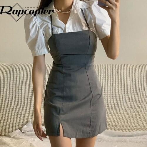 Rapcopter y2k Tie Up Mini Dress Women Two Piece Dress Summer Side Split Cami Dress and Vintage Puff Sleeve Shirt Korean Costume