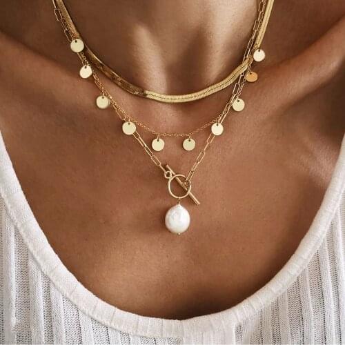 Vintage Metal Sequins Tassel Imitation Pearls Pendant Necklace For Women Fashion Trendy OT Buckle Snake Chain Necklace Jewelry