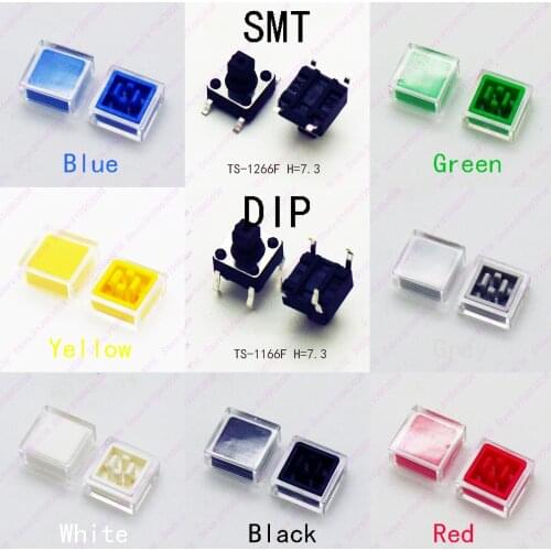 10PCS 6*6*7.3MM(H=9.8MM With 2Caps) 4PIN DIP& SMD Momentary Tact Button Top Square Head Tactical Keys Switch Mini Push Button