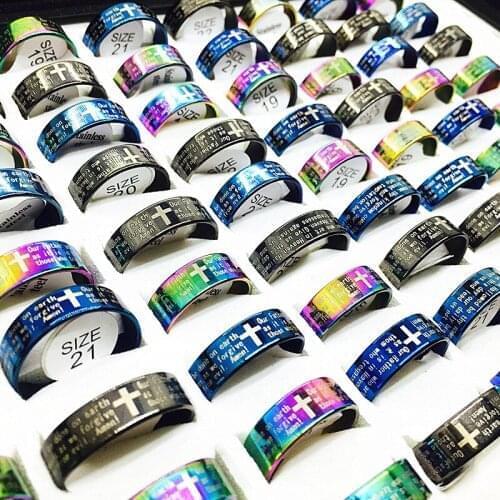10pcs Cross Jesus women Ring men English Bible Lords Prayer multicolor blank blue holder Stainless Steel Band rings Jewelry