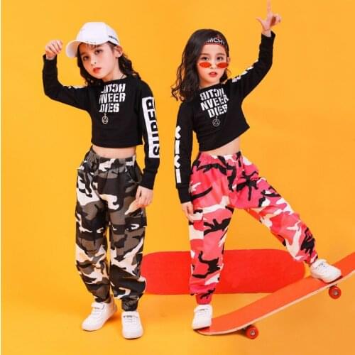 110-180cm Kids Adult Hip Hop Clothing Sweatshirt Top Crop Camouflage Casual Pants for Girl Dance Costume Hiphop Dancing Clothes