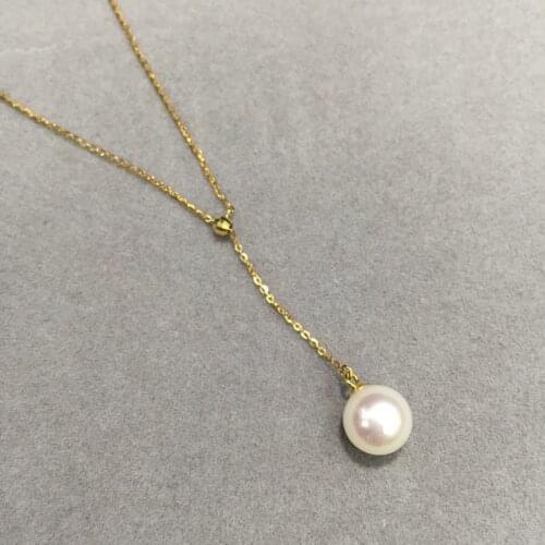 9-10MM natural sea water pearl pendant necklace 18K yellow gold adjustable perfect round fine jewelry akoya pearl free shipping