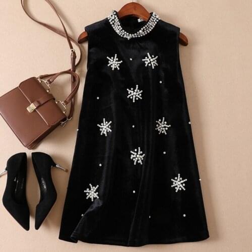 Velvet beaded diamond A-line dress women autumn winter sleeveless party vest dress