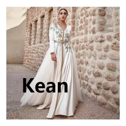 White Moroccan Kaftan Evening Dress Full Sleeves Mother of Bride Gown Evening Party Vestido de Renda Groom Mother Suits