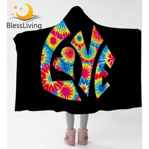 BlessLiving Watercolor Love Hooded Blanket Rainbow Sherpa Fleece Blanket Colorful Tye Dye Microfiber Blanket Hoodie 150x200cm