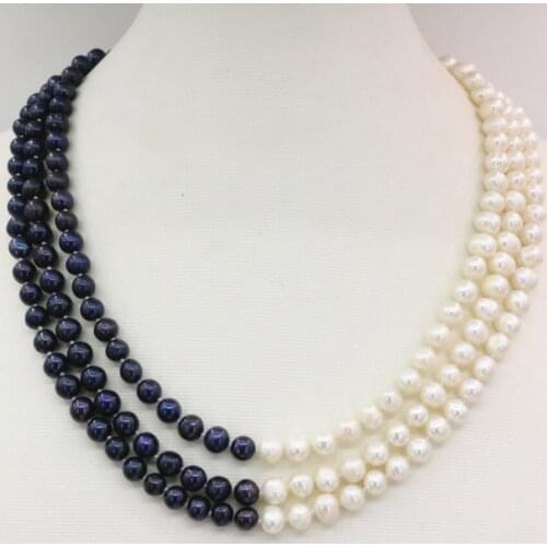 Fashion 3 rows natural 7-8mm white black freshwater cultured nearround beads necklace chain prom weddings gifts 17-19inch B3238