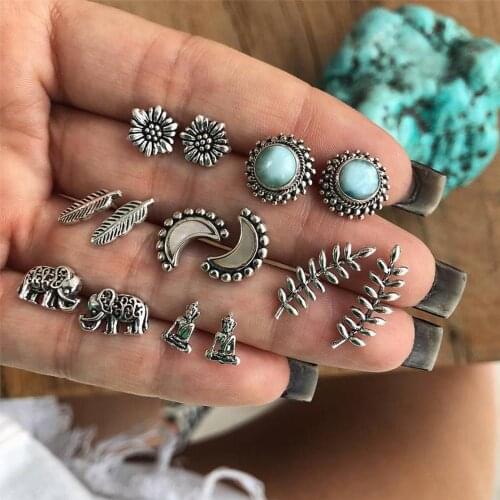KISSWIFE 7 Pairs/Set Elephant Moon Buddha Stud Earrings for Women Leaf Feather Stone Charm Boucle D'oreille Party Bridal Jewelry