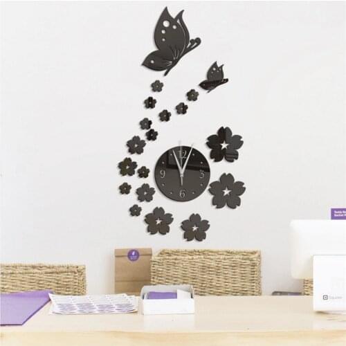 Creative 3D Wall Clock Vintage Home Decoration Acrylic Wall Mirrors Stickers Living Room Decor Butterfly and Flower Mute Clocks