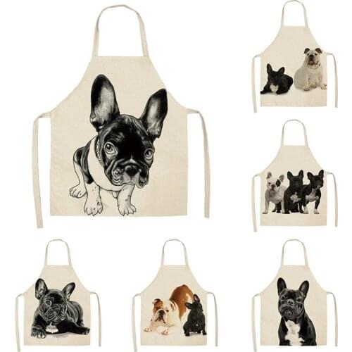 French Bulldog Pattern Kitchen Aprons Cotton Linen Sleeveless Aprons for Woman/kids Home Cooking Baking Cleaning Tools 65*53cm