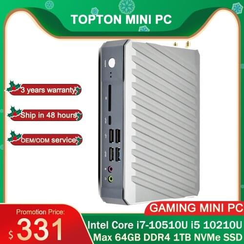 TOPTON Metal Mini PC Nuc Box Max 64GB DDR4 1TB SSD Intel Core i7-10510U i5 Desktop PC Gaming Computer 2 Lans RS232 WiFi BT