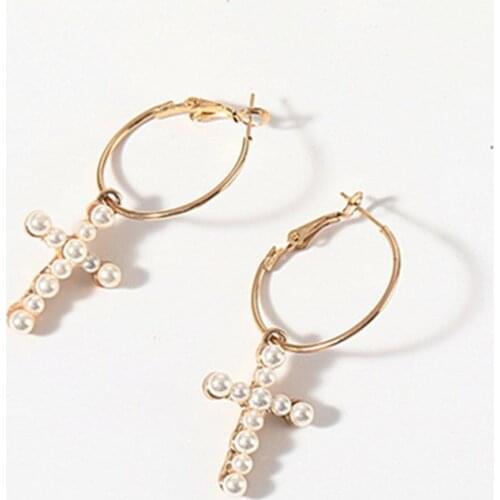 Fashion Gold Color Cross Earrings for Women Long Imitation Pearl Cross Pendant Earrings Vintage Fashion Jewelry Brincos Gifts