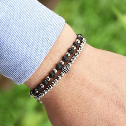 Fashion New Design Small Natural Stone Beads Bracelet Stainless Steel Beaded Adjustable Bracelet Set Women Men