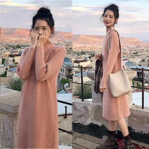 Autumn Winter Long Turtleneck Sweater Dress Women Warm Thicken Knitted Dresses Female Long Sleeve Bottoming Dress Vestidos