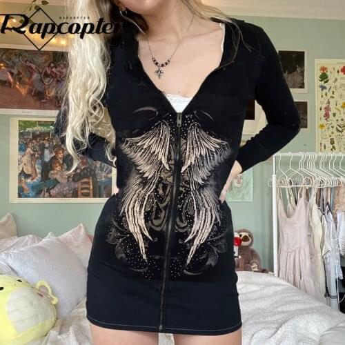 Rapcopter Wing Goth Black Mini Dress Diamonds Grunge Fairycore Y2K Sweatshirts Dress Long Sleeve Hooded Zip Punk Women Bodycon