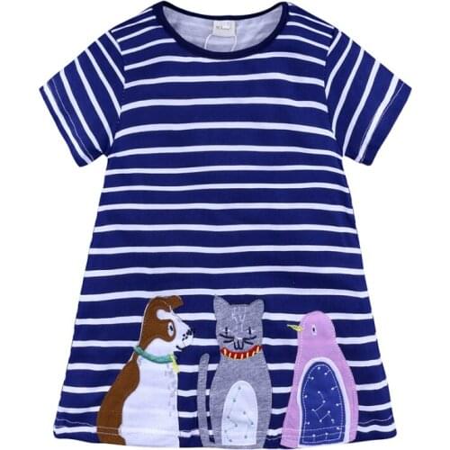 Bobora Girls Dresses Cotton Striped Cartoon Applique Casual Animal Printed Outfits Dress