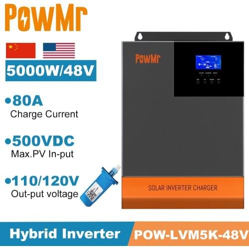 PowMr New Design 5000W 48V Hybrid Inversor Built-in 80A MPPT Solar Charger 110V 120Vac and SPWM 50Hz/ 60Hz 40A Battey Charger
