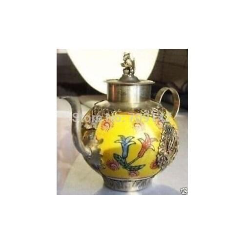 Lovely! Exquisite old copper collectable Chinese Tibetan Silver Mouse Porcelain Flower Flagon Teapot Antique Mens Traditional