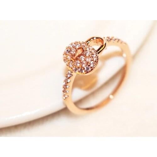 Simple Version of the key lock micro-inlaid zircon ring plated gold color super flash female ring