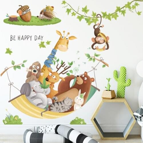 HAPPY DAY Cartoon Forest Animals Wall Stickers Bear Rabbit Giraffe Diy for Kids Room Decor Bedroom Decoration Sticker Baby Gift