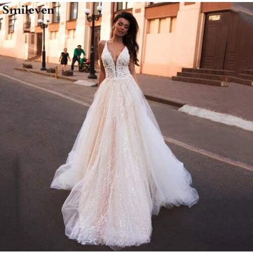 Smileven A Line Wedding Dress Glitter Boho Bridal Dresses V Neck arabic Vestido De Noiva Wedding Gowns For Girl Custom Made