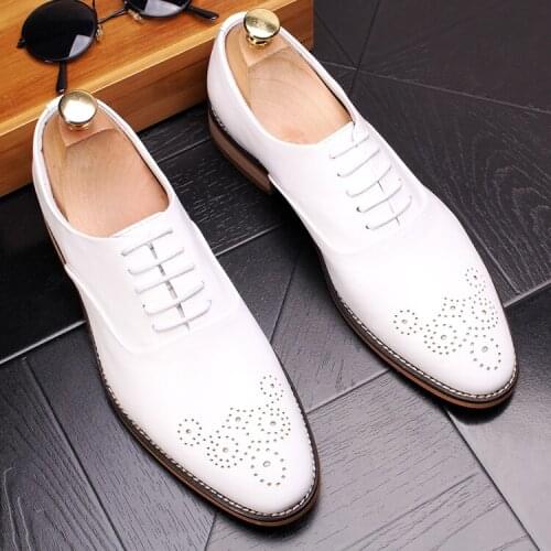 2020 new Style Wedding white Genuine Leather Dress Oxfords Pointed Toe Formal Breathable Men Flats shoes