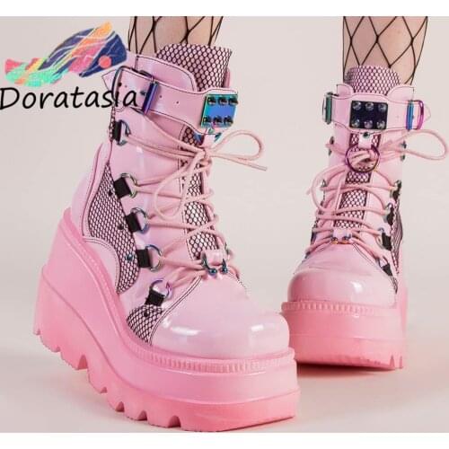 DORATASIA Big Size 43 Women Boots Black Lace Up Buckle Rivit Punk Cool Platform Boots High Wedges Goth Street Women Shoes