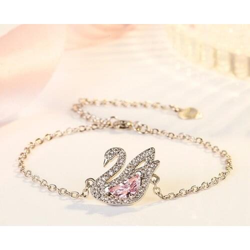 Chic Swan Pink Crystal Zircon Diamond Gemstones Chain Bracelets for Women White Rose Gold Color Jewelry Trendy Gift Dropshipping