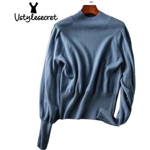 Women Sweater Fashion Lantern Sleeve Sueters De Mujer Mock Neck Solid свитер женский Korean Style Autumn Winter 2021 Top YS06038