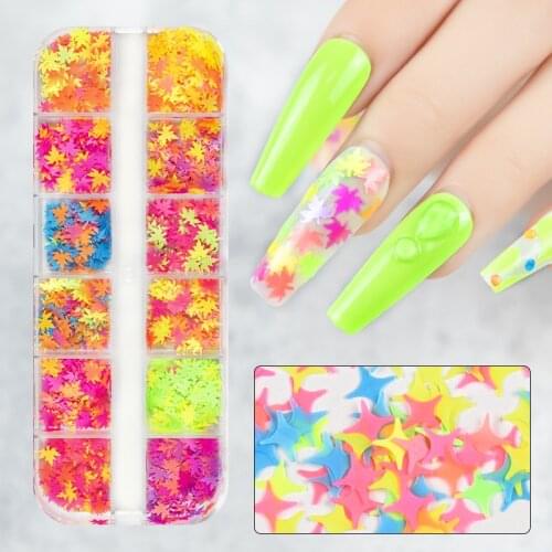 1 Box Nail Chunky Glitter Flakes Star/Butterfly/Maple/Letter Multi-Shapes Neon Colors Confetti Glitter Stickers Manicure Flakes