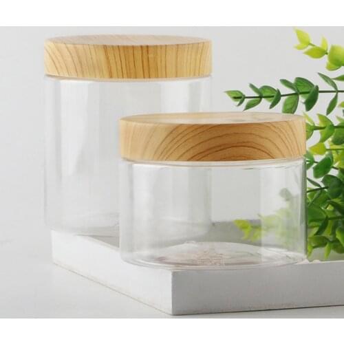 100/200/300/400/500ml Empty Clear Pet Jars Container With Plastic Imitation Wood Lid Transparent Plastic Storage Bottle Rice Pot