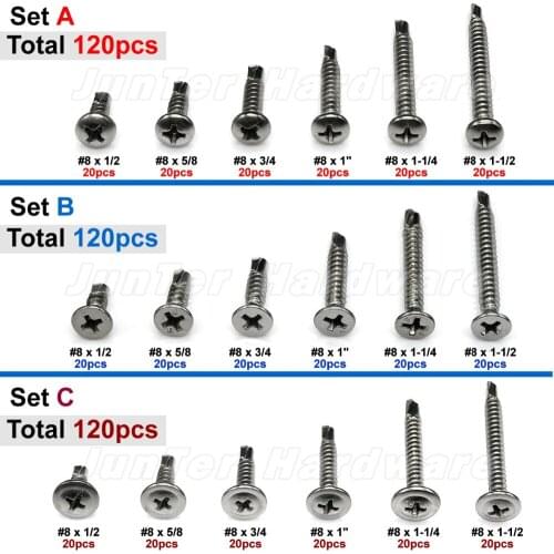 120pcs #8 x 1/2 5/8 3/4 1-1/4 1-1/2 410 Stainless Steel Phillips Pan Flat Truss Head Self Drilling Screws Assortment