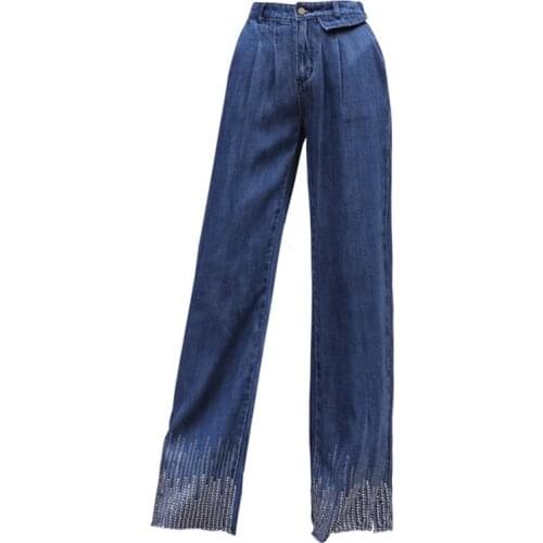 Free Shipping Womens 2020 New Fall / Winter Elastic Waist Tencel Straight Jeans High Waist Slim Waist