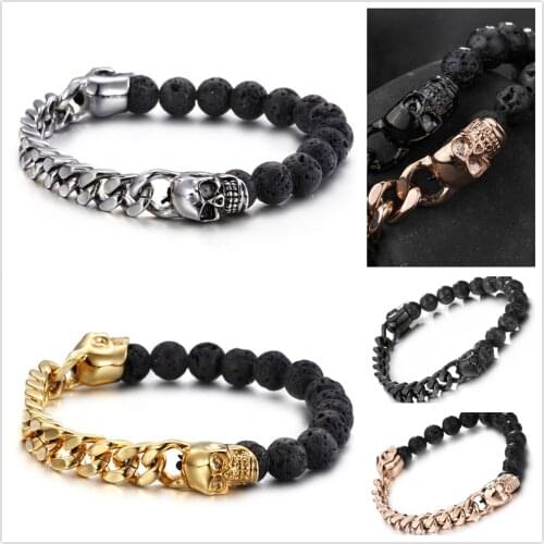 Punk Bracelet Natural Stone Beads Stainless Steel Chain Bracelets Animal Charms Bangle Skull Bracelet 8mm Lava Stone Men Jewelry