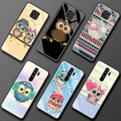 Tempered Glass Phone Case for Xiaomi Redmi Note 9S 8 10 Pro Max Poco X3 NFC Mi 11 10T Lite 5G Cover Shell Sac Owl Hearts Lover