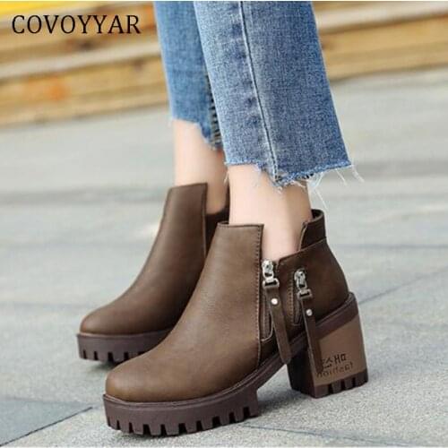 COVOYYAR 2021 Winter Boots Women Thick High Heel Platform Ankle Boots Zipper Decor British Booties Autumn Fur Women Shoes WBS092