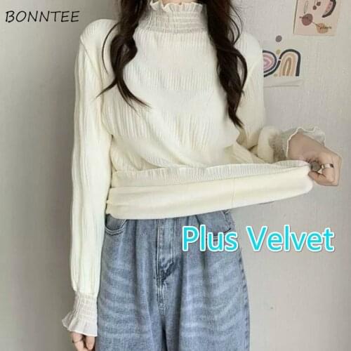 Long Sleeve T-shirts Women Solid Elegant Thicken Plus Velvet Autumn Winter Korean Style Chic Half Turtleneck Warm Loose Chic Top