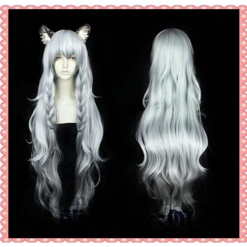 Game Arknights Snow Leopard Family Cosplay Pramanix Wig Long Silver Grey Gradient with Double Horsetail Cosplay Wigs 110cm